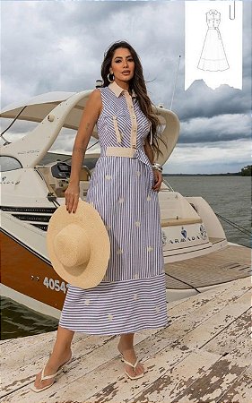 Vestido Midi Em Alfaiataria Listrada E Bordada Com Gola