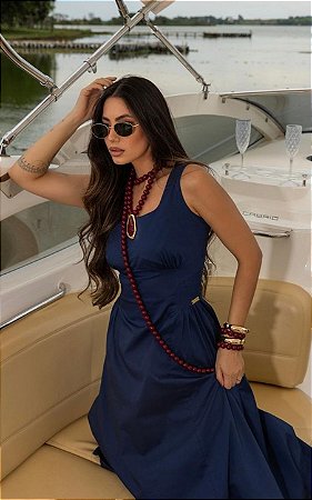 Vestido Midi Tricoline Franzido Busto