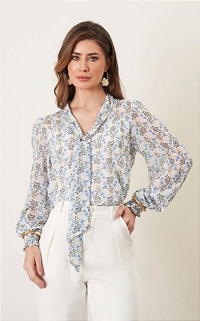 Blusa Gola Laço Floral Manga Longa Milalai