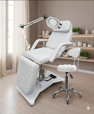KIT MACA POLTRONA HIDRÁULICA PARA ESTÉTICA NA COR BRANCA + MOCHO COM ENCOSTO + LUPA EM LED DE ALUMINIO + PLASTIFICAÇÃO