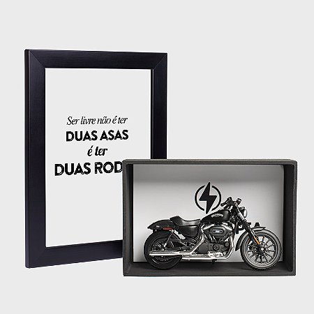 Kit montado pela Machine Cult: miniatura Harley-Davidson Sportster Iron 883 no expositor e quadro Ser livre não é ter duas asas, é ter duas rodas