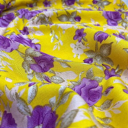 Tecido Viscose Amarelo Flor Roxa 1,40m Floral Para Roupas