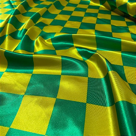 Tecido Cetim Estampado Copa do Mundo Losango 1,40m Verde e Amarelo Decorações