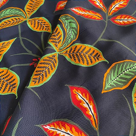 Tecido Estampado 100% Viscose Preto Folhas 1,45m