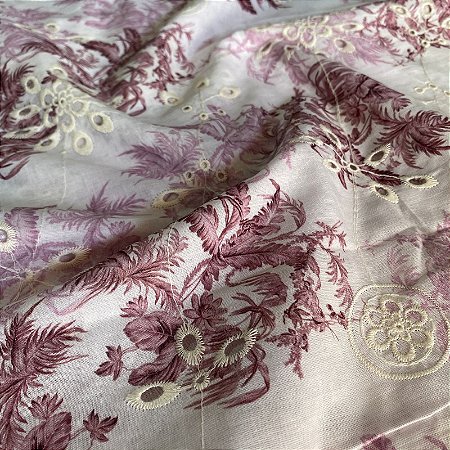 Tecido Lese Bordada Floral Roxo 1,35x1,00m 100% Algodão Laise