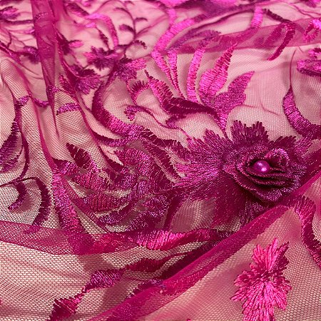 Tule Bordado Pink 1,35x1,00m Floral 3D Festas
