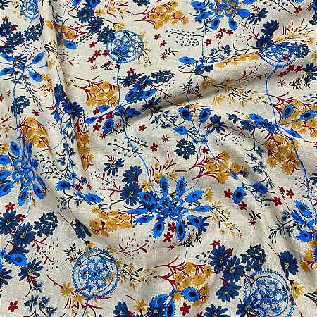 Tecido Lese Bordada Floral Azul 1,35x1,00m 100% Algodão Laise