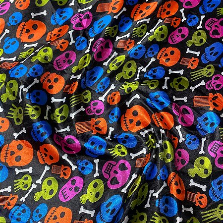 Tecido Cetim Preto Estampa Halloween Caveirinha Coloridas 1,40m Festas e Fantasias