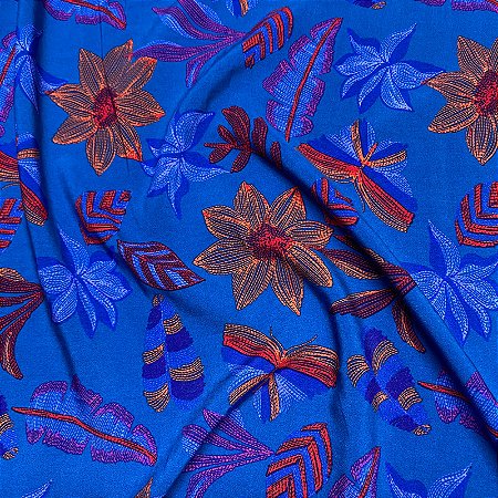 Tecido Estampado 100% Viscose Azul Royal Floral Neon 1,45m Vestido Feminino