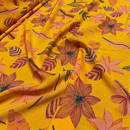 Tecido Estampado 100% Viscose Amarelo Floral Neon 1,45m Vestido Feminino