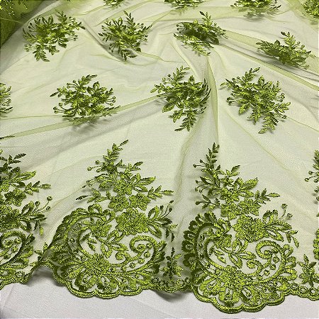 Tule Bordado Verde Pistache Modelo Gabriela 1,35x1,00m Fios 3D