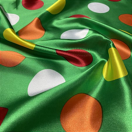 Tecido Cetim Estampado 1,40m Verde Bolas Coloridas Festas Fantasias