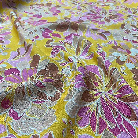 Tecido Viscose Estampa Floral Retro Amarelo Flor 1,45m Confecção de Roupas