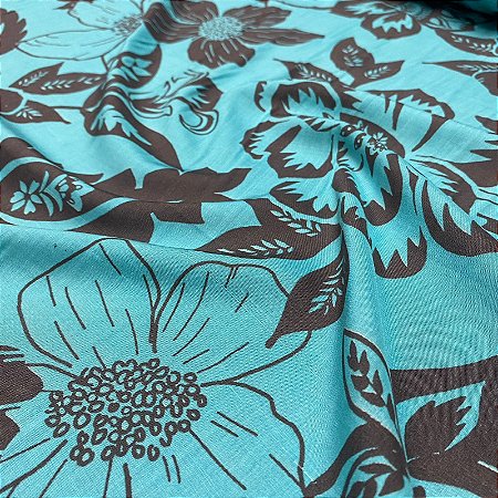 Tecido Viscose Estampa Floral Retro Azul Tiffany 1,45m Confecção de Roupas