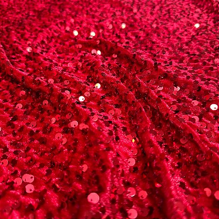 Tecido Veludo Bordado com Paetê Vermelho 1,50x1,00m Para Vestidos de Festa