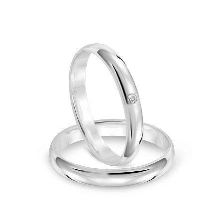 Par de Alianças de Prata 950 Polida Abaulada com Pedra na Menor