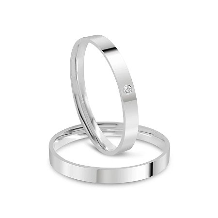 Par de Alianças de Prata 950 Polida Quadrada com Pedra na Menor