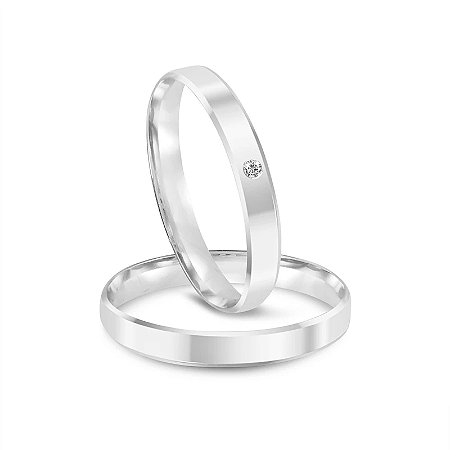 Par de Alianças de Prata 950 Polida Chanfrada com Pedra na Menor