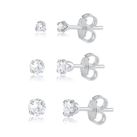 Trio de Brincos De Prata Ponto De Luz Zircônia Redondo I