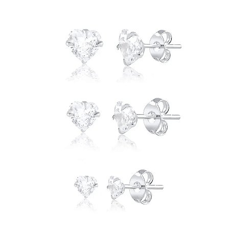 Trio de Brincos De Prata Ponto De Luz Zircônia Coração