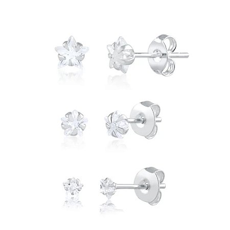 Trio de Brincos De Prata Ponto De Luz Zircônia Estrela