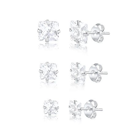 Trio de Brincos De Prata Ponto De Luz Zircônia Quadrado