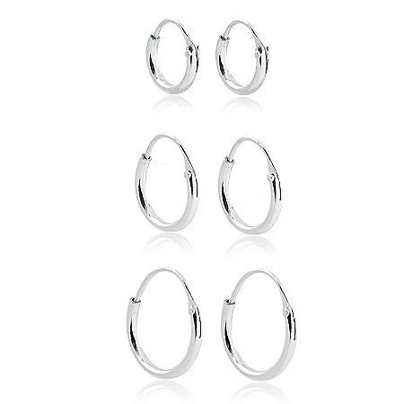 Trio de Brincos De Prata Argolinhas Redondas com Fecho Rebite