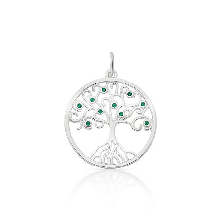 Pingente de Prata Árvore da Vida Vazado com Zircônias Verdes