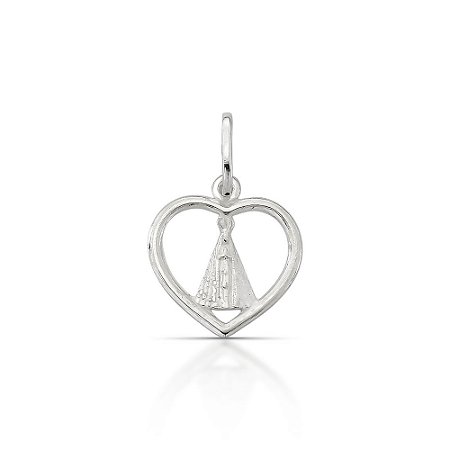Pingente de Prata Coração Vazado com Nossa Senhora