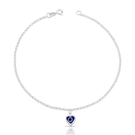 Tornozeleira Elo Português com Pingente Coração Olho Grego Azul Escuro