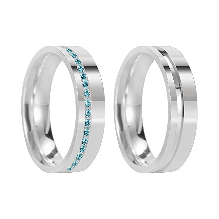 Par de Alianças em Prata 950 Polida com Canal Meia Volta com Zircônias Azuis na Menor