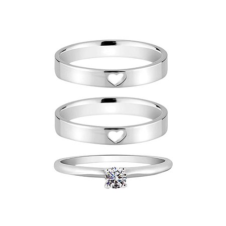 Par de Alianças em Prata 950 Polida Quadrada Coração Vazado com Anel Solitário Zircônia Cristal
