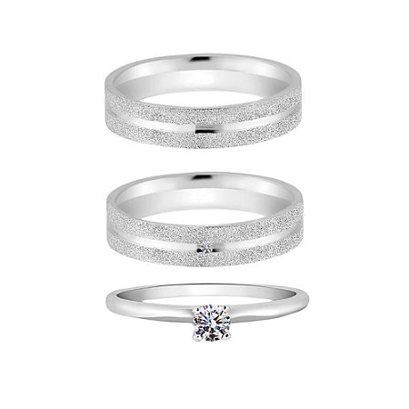 Par de Alianças em Prata 950 Diamantada Quadrada Pedrinha com Anel Solitário Zircônia Cristal