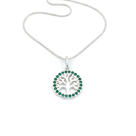 Colar de Prata Àrvore da Vida Cravejado Zircônias Verde Corrente Veneziana Tradicional V12