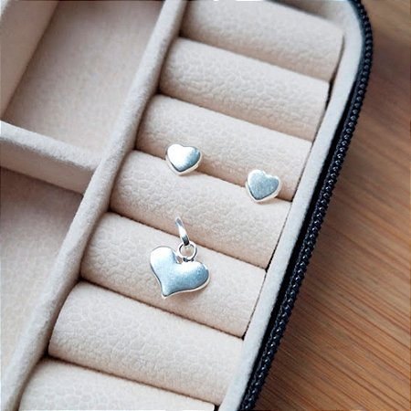 Conjunto de Prata Coração Liso Sem Corrente