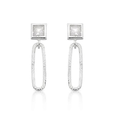 Brinco de Prata Zircônia Quadrada com Argola Trabalhada