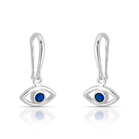 Brinco de Prata Gancho Olho Grego com Zirconia Azul