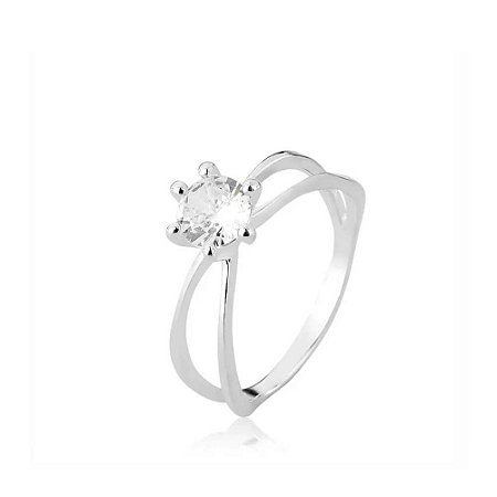 Anel de Prata Solitário Aro Duplo Zircônia 7mm
