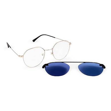 Armação para óculos de grau clip on com lente solar azul  - Acauã - Prata/preto