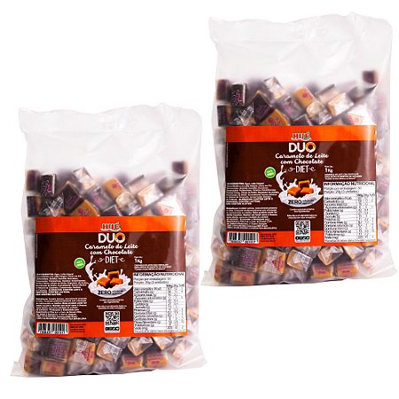 Bala Duo Caramelo de Leite Diet com Chocolate Hué (Sem Adição de Açúcares) Sem Glúten Pacote 1KG Kit 2 unidades