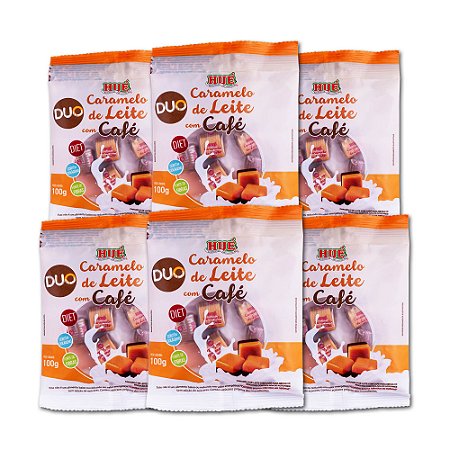 Bala Duo Caramelo de Leite com Café Diet Hué (Sem Adição de Açúcares) Sem Glúten Pacote 100g Kit com 6 unidades