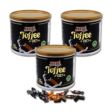 Bala Toffee Misto Diet Hué 150g com os sabores Café, Leite e Chocolate "Latinha Presente" Kit com 3 unidades