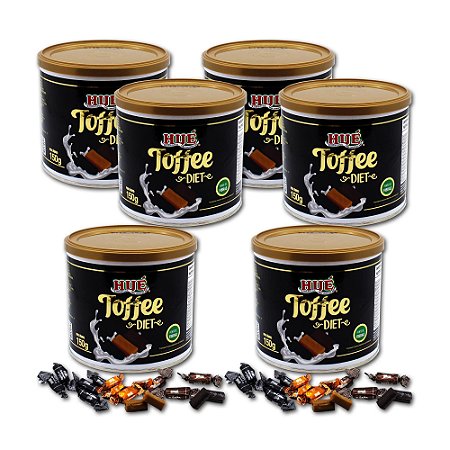 Bala Toffee Misto Diet Hué 150g com os sabores Café, Leite e Chocolate "Latinha Presente" Kit com 6 unidades