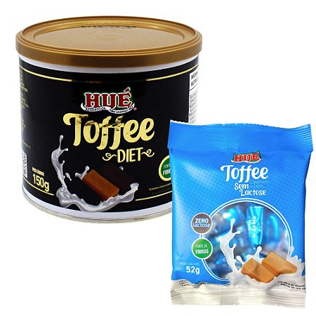 Kit Bala Toffee Misto Diet Hué 150g com os sabores Café, Leite e Chocolate "Latinha Presente" e  Toffee Caramelo sem Lactose 52g