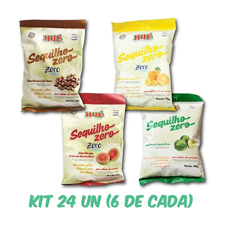 SEQUILHOS VEGANOS SEM GLÚTEN SEM LACTOSE HUÉ CAIXA COM 24 PACOTES 6 DE CADA SABOR