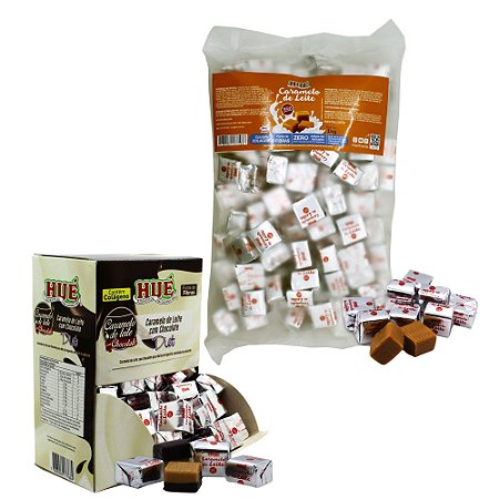 Balas de Caramelos de Leite Sem Açúcar Hué Alimentos 1 Pacote Puro 1 Kg E 1 Display com Chocolate 700g