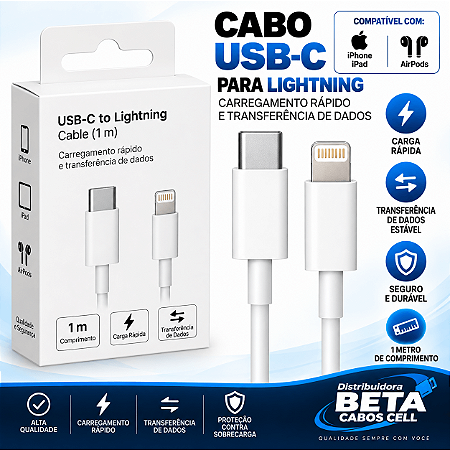 Cabo Carregador e Dados USB-C Tipo C x Lightning para Iphone 1 Metro