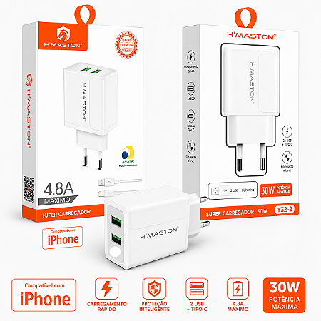 Carregador Iphone Hmaston Rapido 2 USB 4.8 a com ANATEL 4.8A
