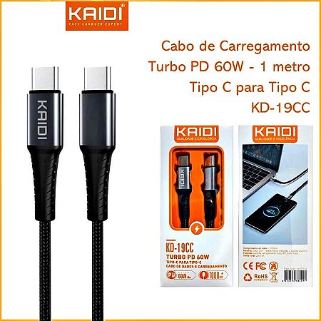 Cabo TIPO C para TIPO C de Dados Turbo PD KAIDI KD CC 1 Metro