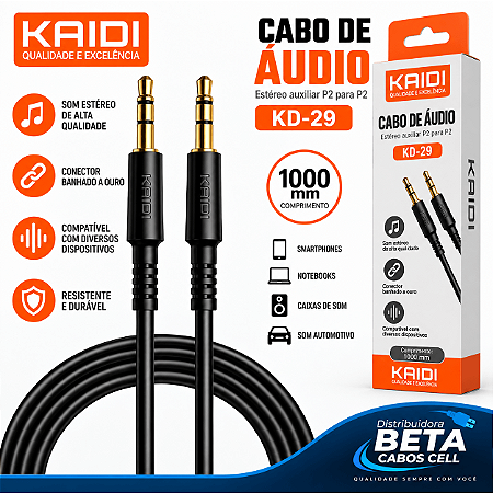 Cabo De Áudio Auxiliar P2 com P2 com 1 Metro Kaidi